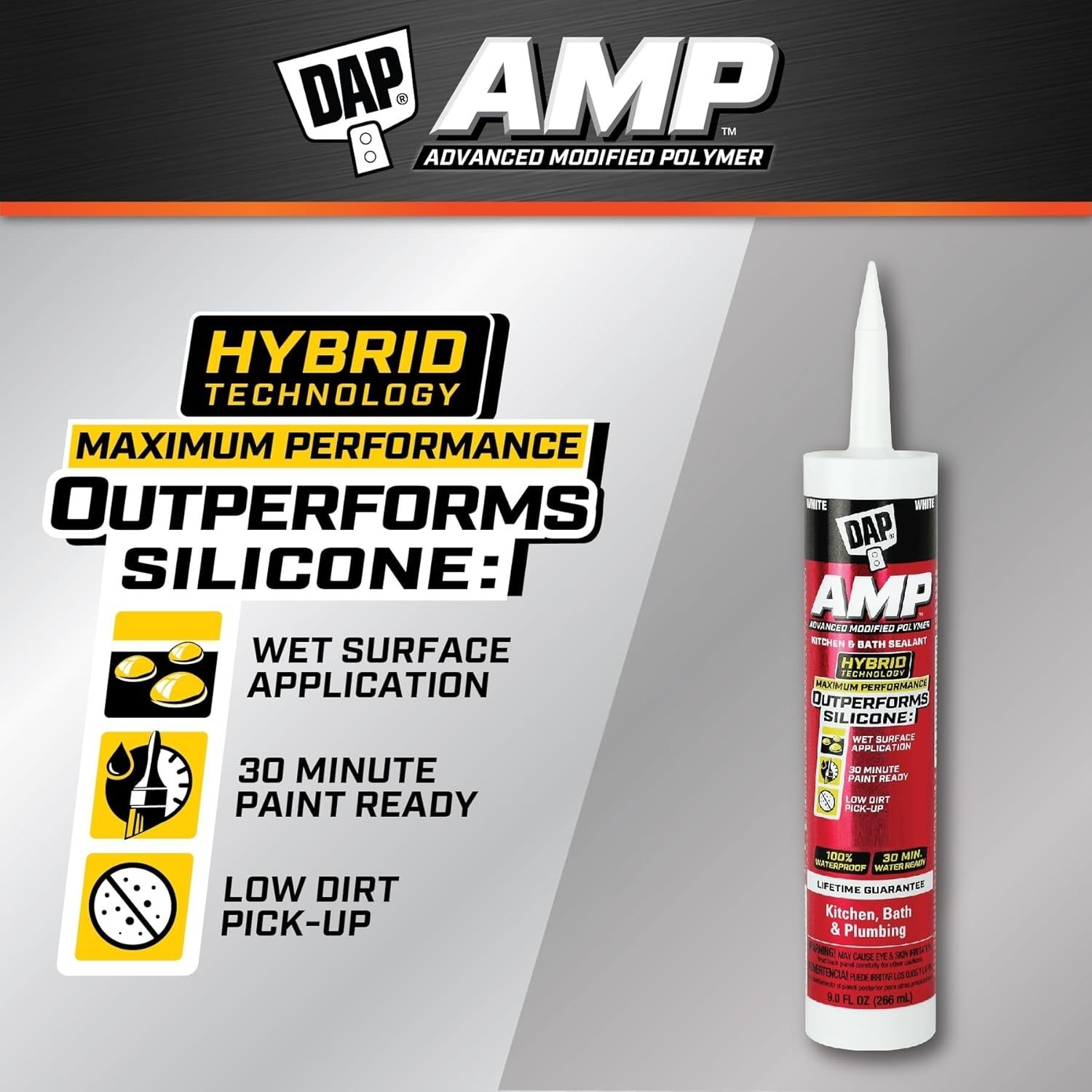 DAP AMP White Polymer Advanced Hybrid Caulk Sealant Kitchen & Bath 9oz