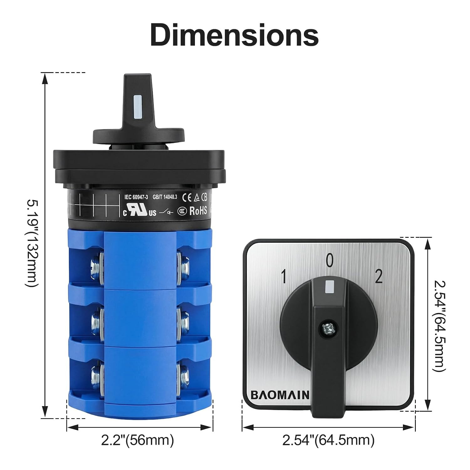 Rotary Changeover Switch,63A 3-Position,12-Terminal Cam Selector with 1-0-2 Circ