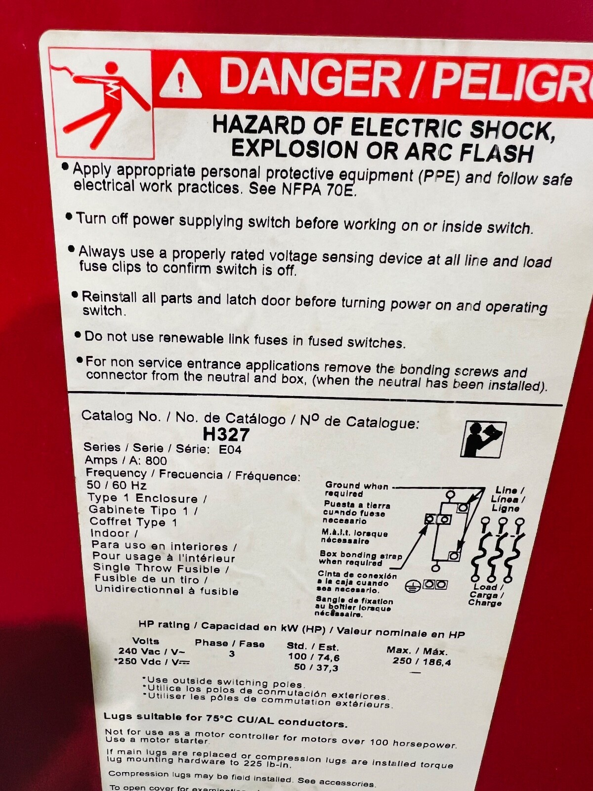 Square D H327N E04 Fusible Indoor 3 Phase Disconnect 800 amp 240 volt w/ Neutral