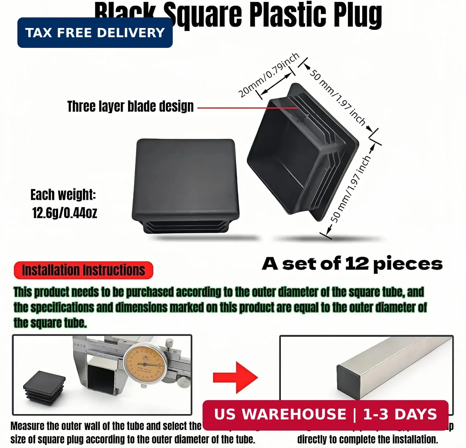 Square Tube End Caps, Black, 2×2 Inch, 12 Pack, 3-Layer Blade Plastic Plugs for