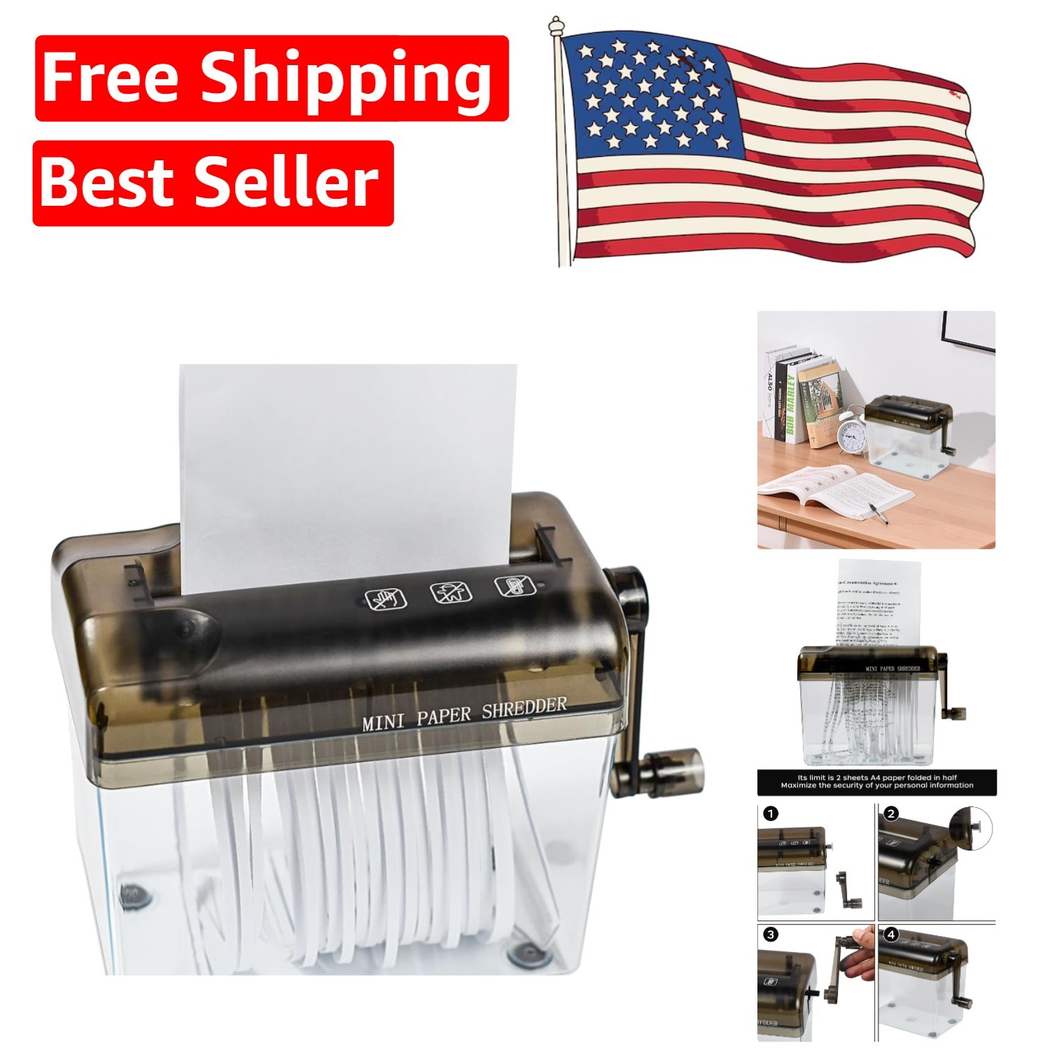 Quiet Hand-Powered Paper Shredder – Portable Document Shredder in Mini Black