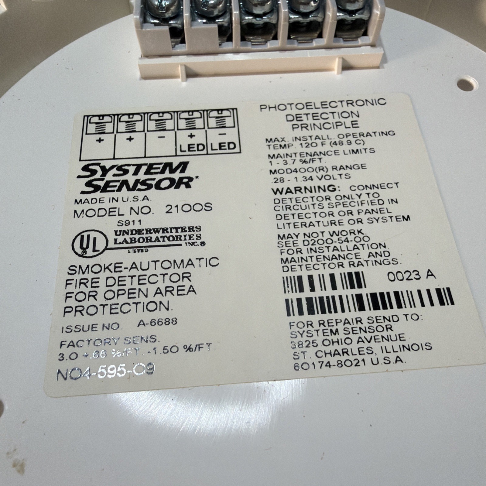 System Sensor 2100TS Photoelectronic Detection Smoke Thermal Detector Fire Alarm