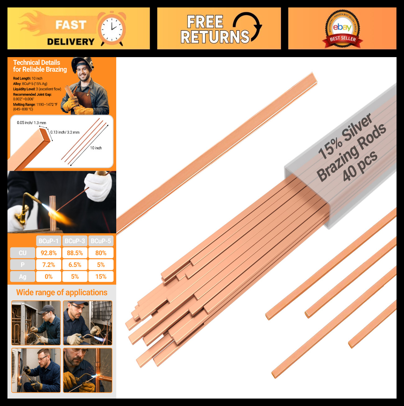15% Silver Brazing Rods 40 Sticks 0.050″x1/8″x10″ for HVAC, Refrigeration, Weldi