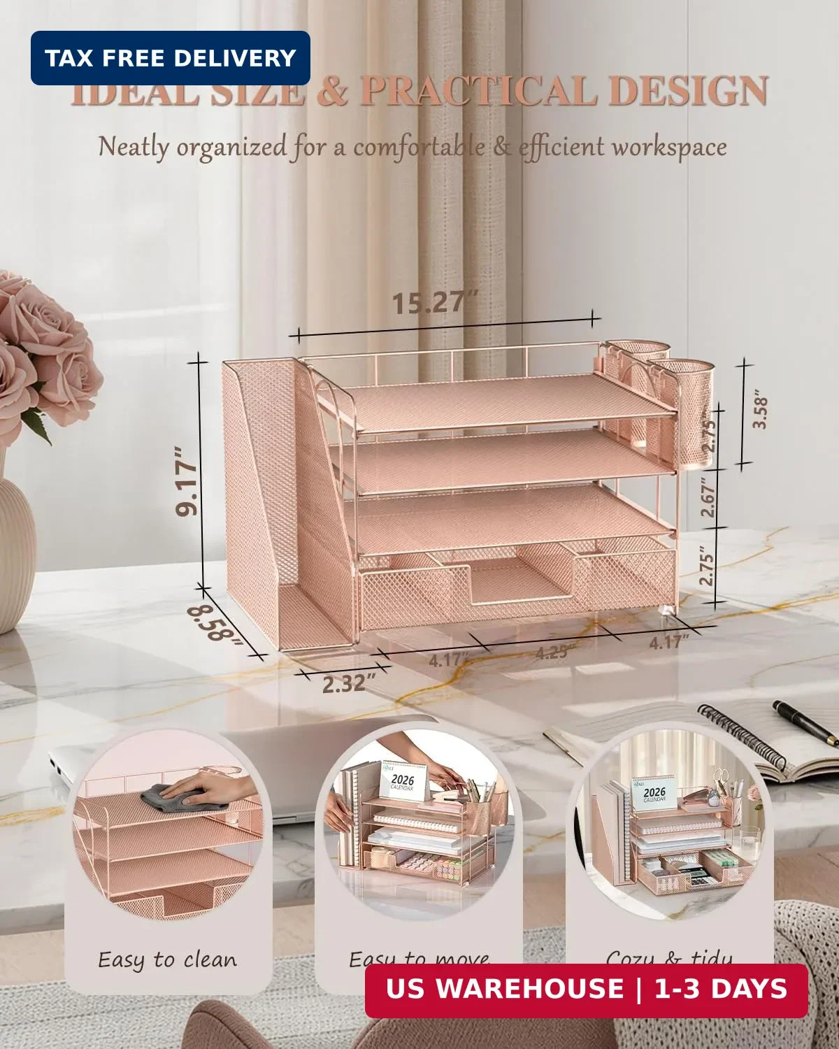 WALI Desk File Organizer, 4 Tier Desktop Paper Letter Tray Organizer with Drawer