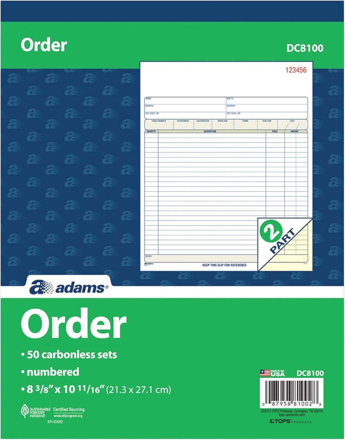 Adams Order Book, 2-Part, Carbonless, White/Canary, 8-3/8 x 10-11/16 Inches, 50
