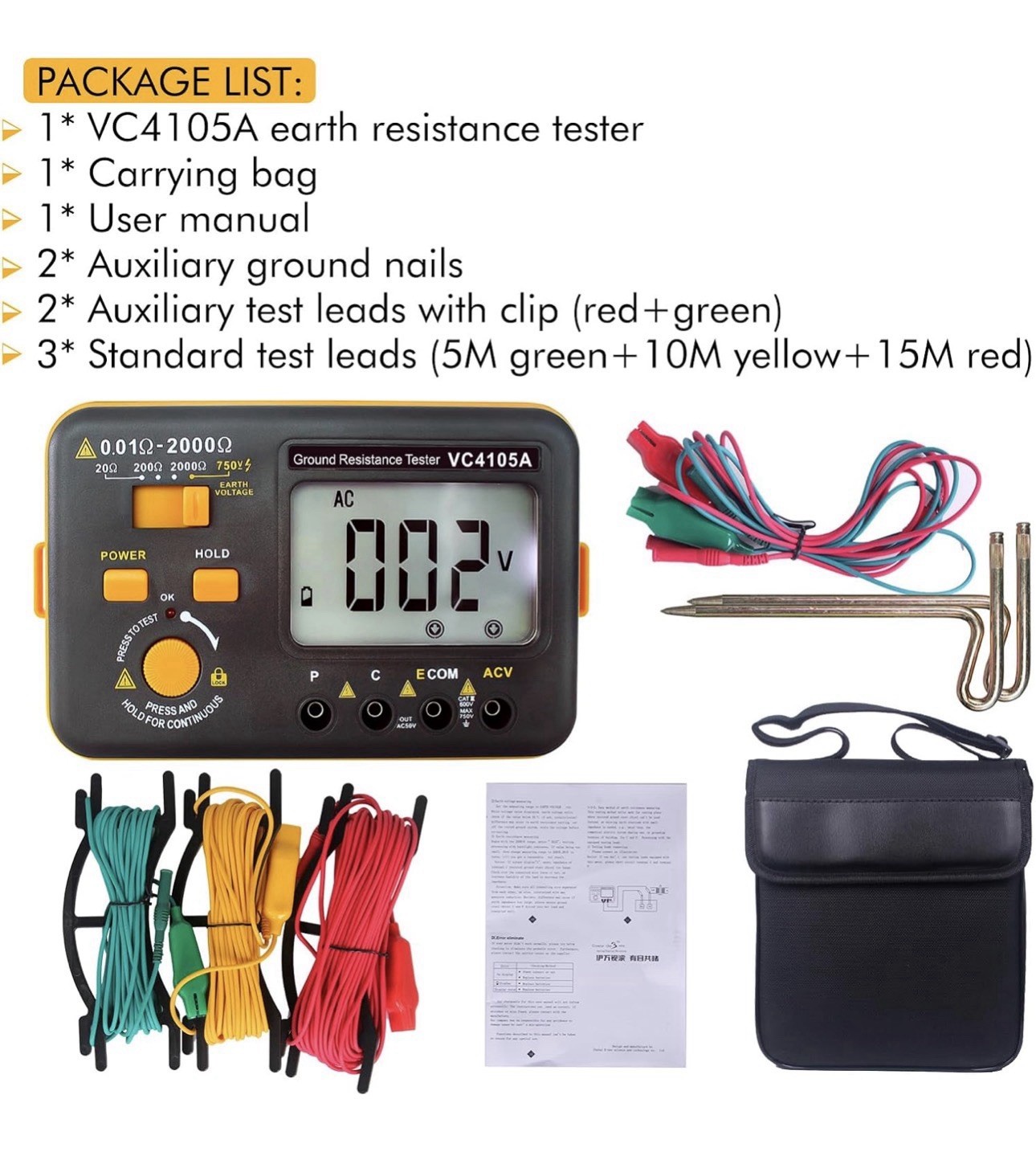 VC4105A Ground Resistance Tester 0.01-2000Ω 750V NCV Hold