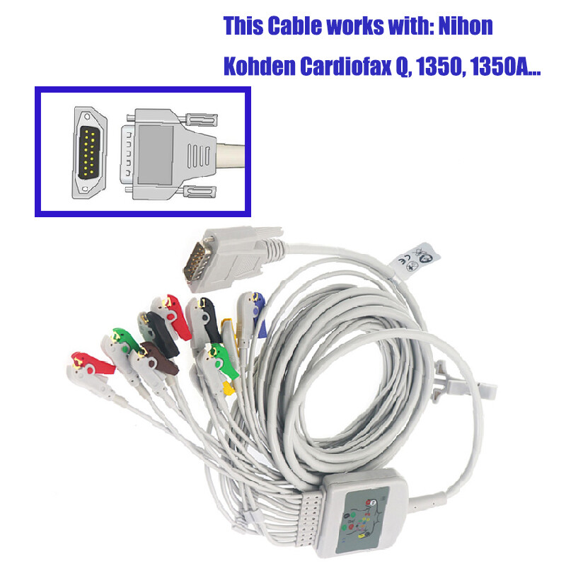15Pin 10-lead Clip Type ECG/EKG Cable Fit For Nihon Kohden CardiofaxQ/1350/1350A
