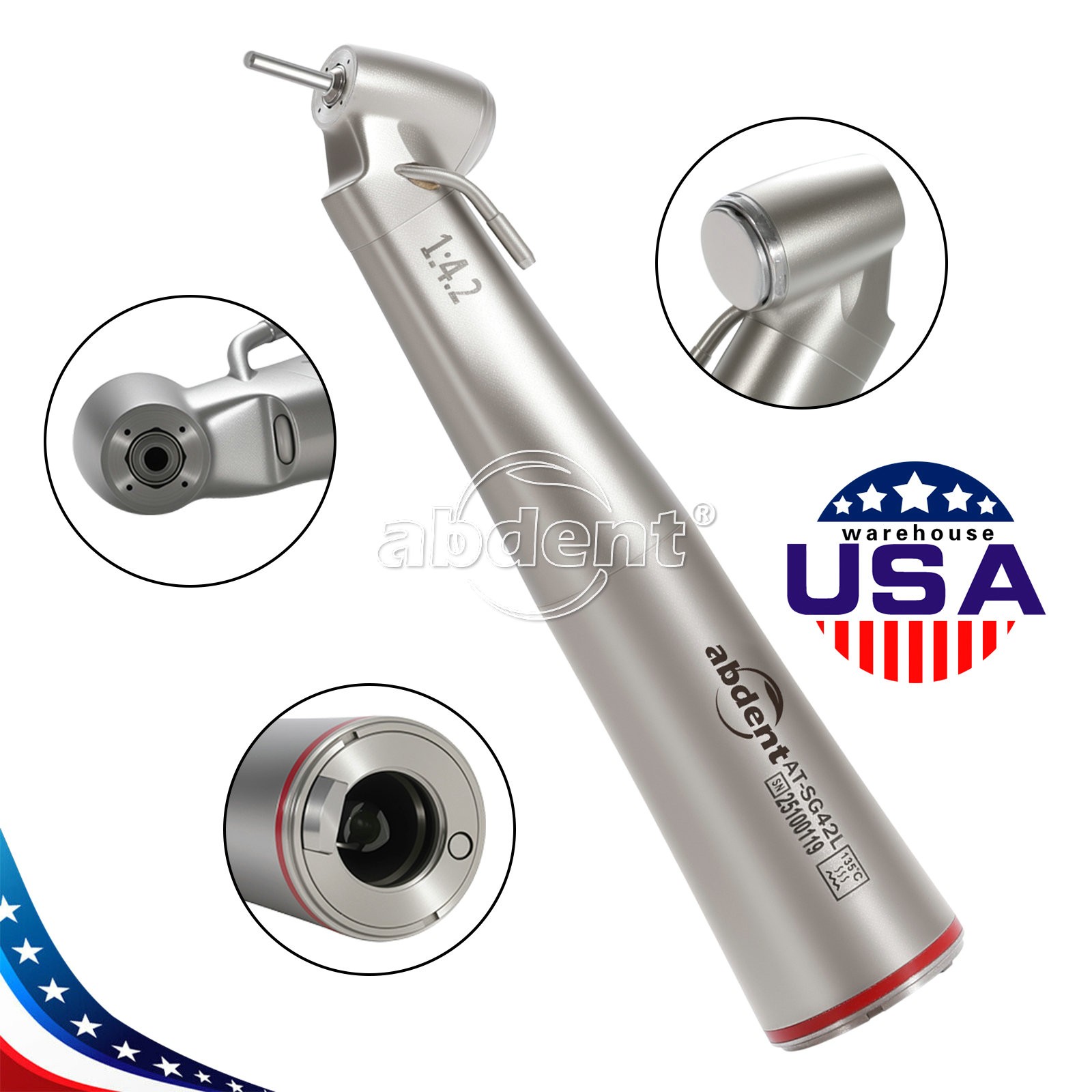 AbDent 1:4.2 45° LED Fiber Optic Contra Angle Handpiece External Water Spray