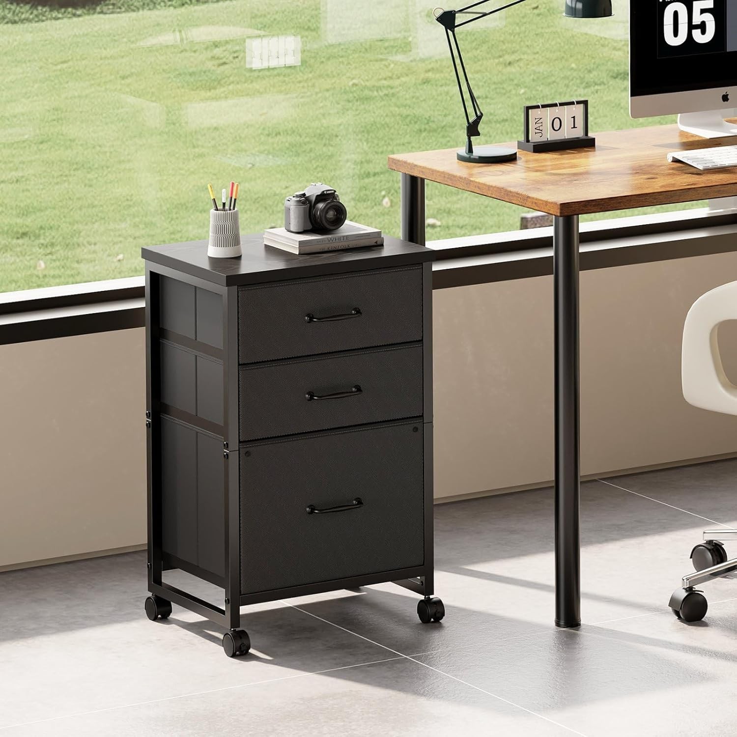 3 Drawer Mobile File Cabinet W/ Wheels Fabric Vertical Filing Cabinet