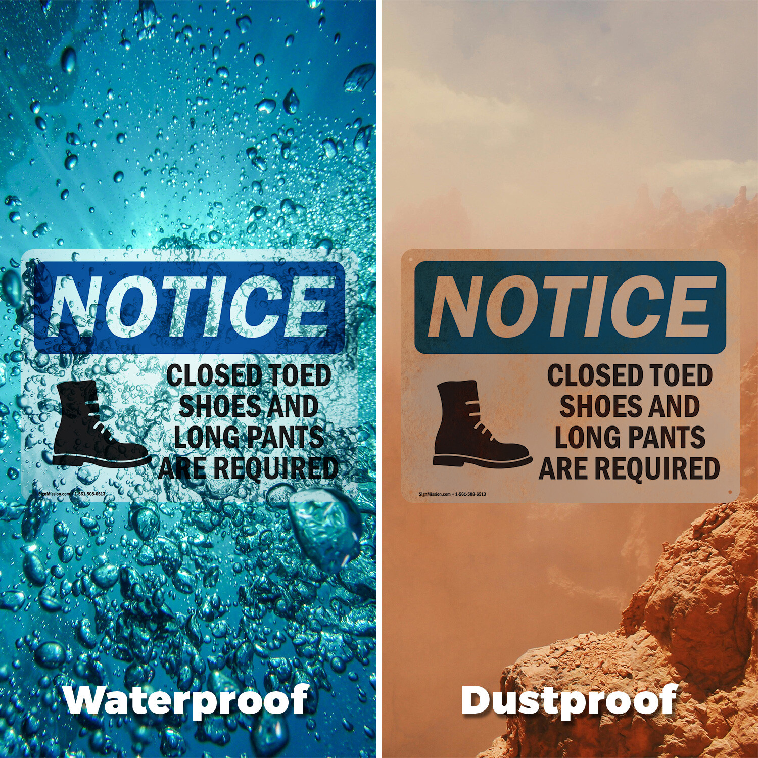 (2 Pack) Closed Toed Shoes And Long Pants OSHA Notice Sign Decal Metal Plastic