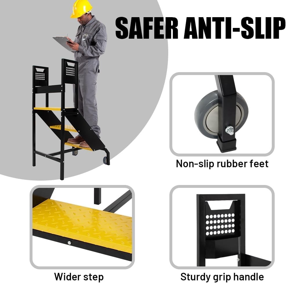 3 Step Industrial Ladder with Handrails, Warehouse Floor Standing Rolling Stairs
