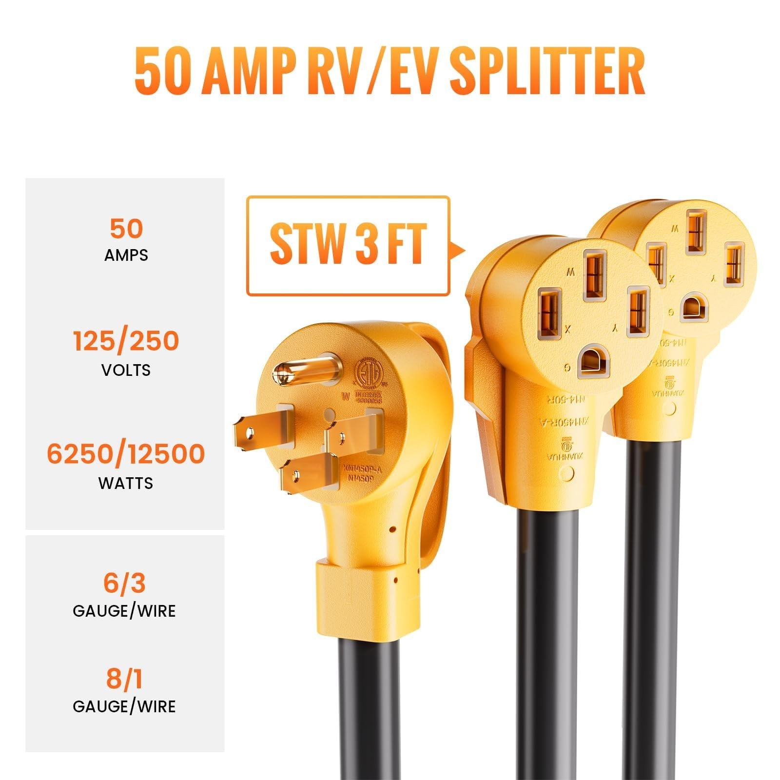 50 Amp Y Splitter for RV/EV Charging, ETL Listed, NEMA 14-50P to 2X 14-50R Ad…