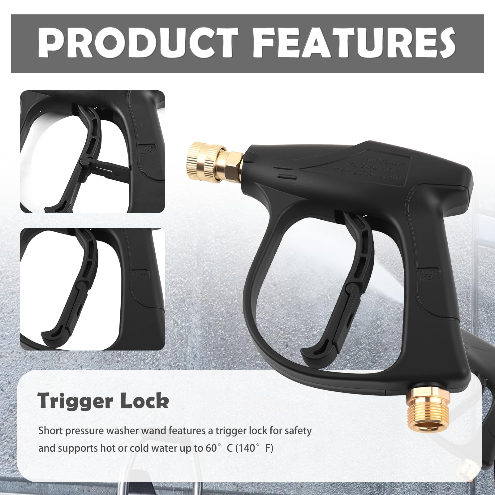 Car Short Pressure Washer Gun,4350 PSI Max 6.69×6.29×1.38 inch, Black