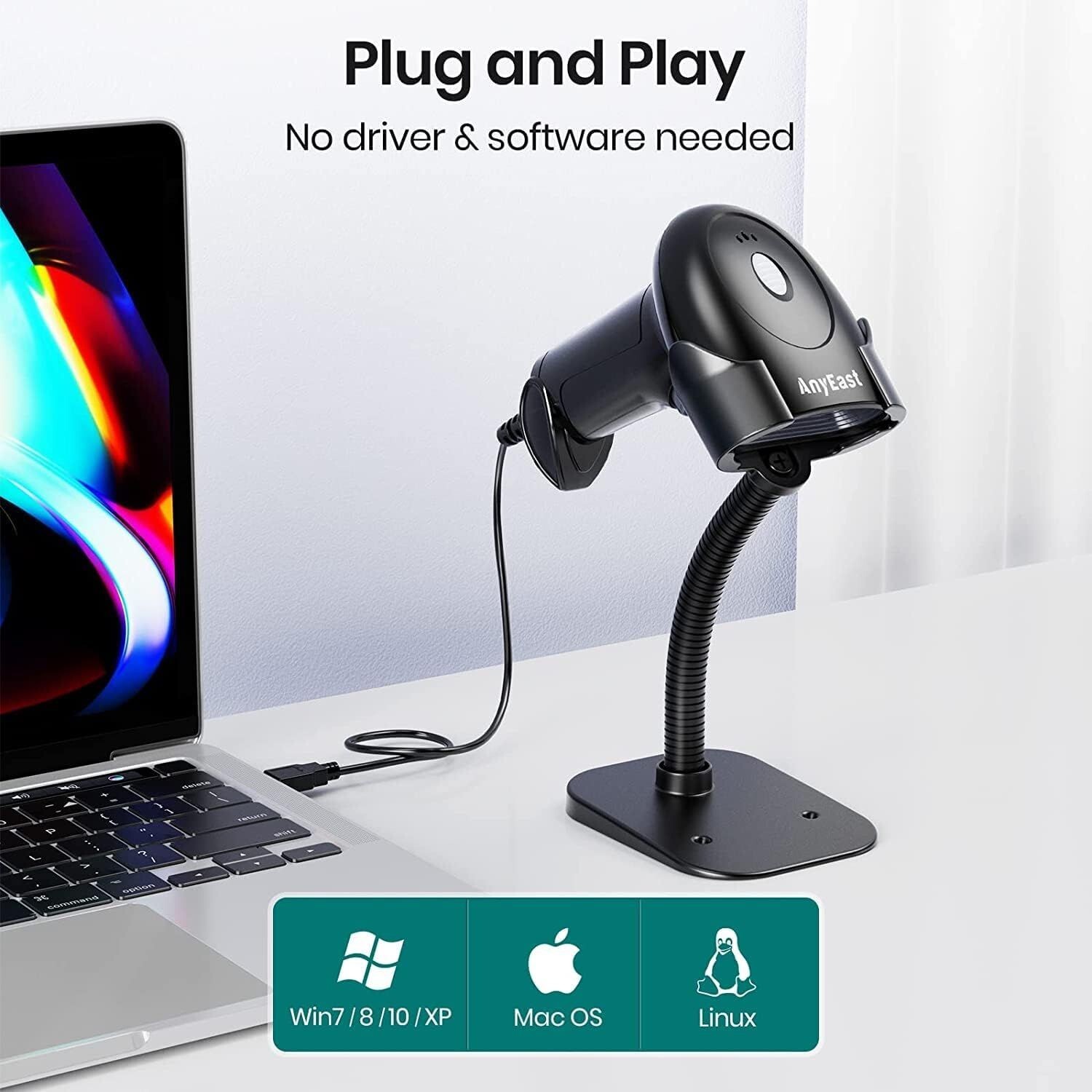 Anyeast Barcode Scanner W/Stand 2D 1D QR Code USB Wired Automatic 3Moudles POS