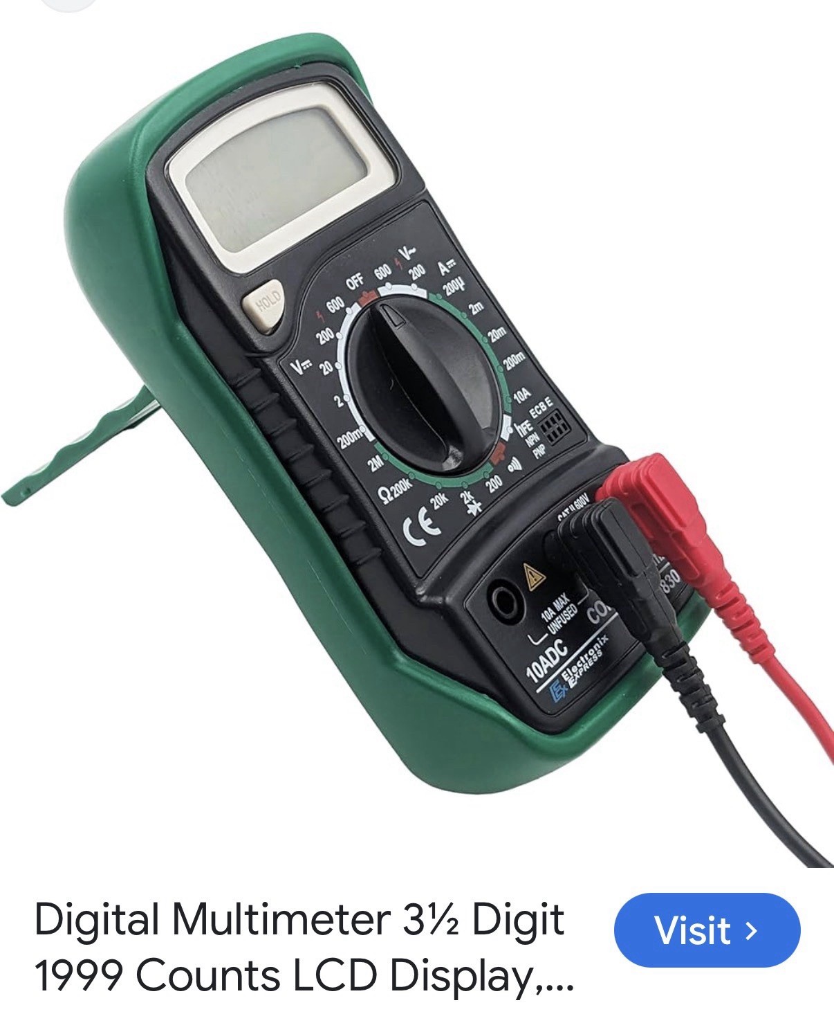 Handheld Digital Multimeter 830 CAT II 1999 Counts Backlight Data Hold 600V 10A