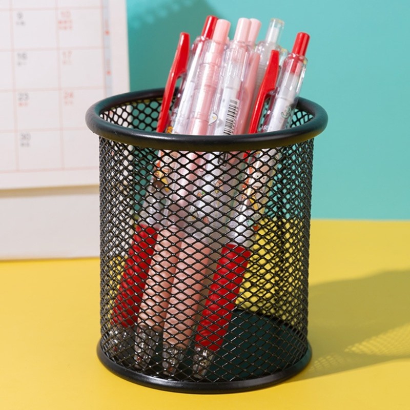 Metal Mesh Round Pen Pot Case Pencil Holder Durable Pencil Case Container Black