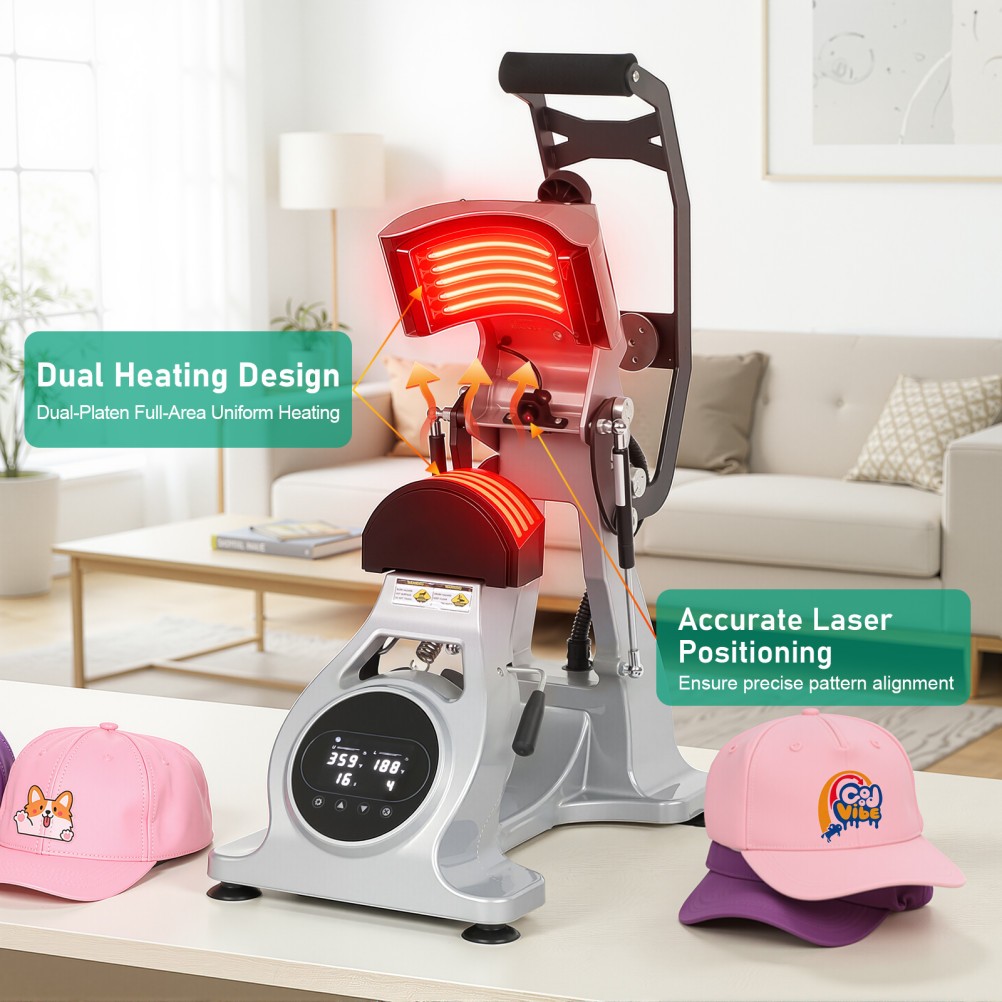Dual Heater Hat Heat Press Semi-Auto Open Printing Cap Machine w/Laser Alignment