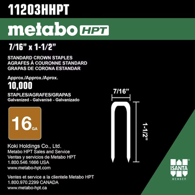 Hitachi Metabo HPT 11203H 7/16 16-Gauge Electro-Galvanized Crown Staples 10000