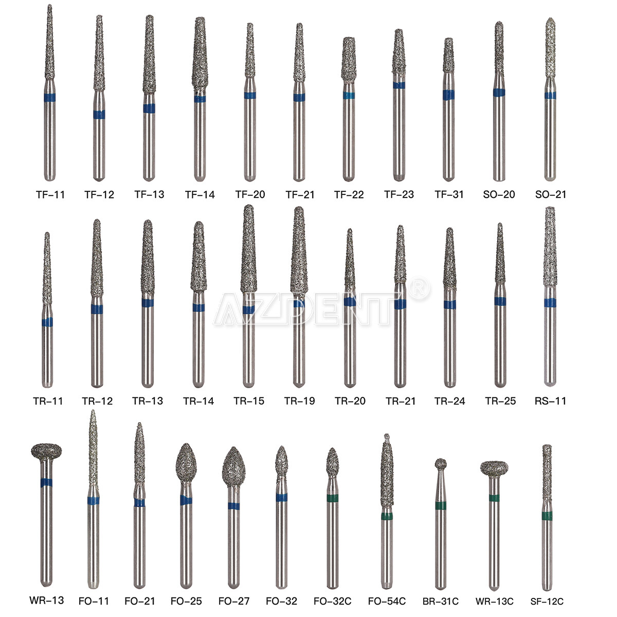 100 Types AZDENT Dental FG Diamond Burs for High Speed Handpiece 5pcs/box