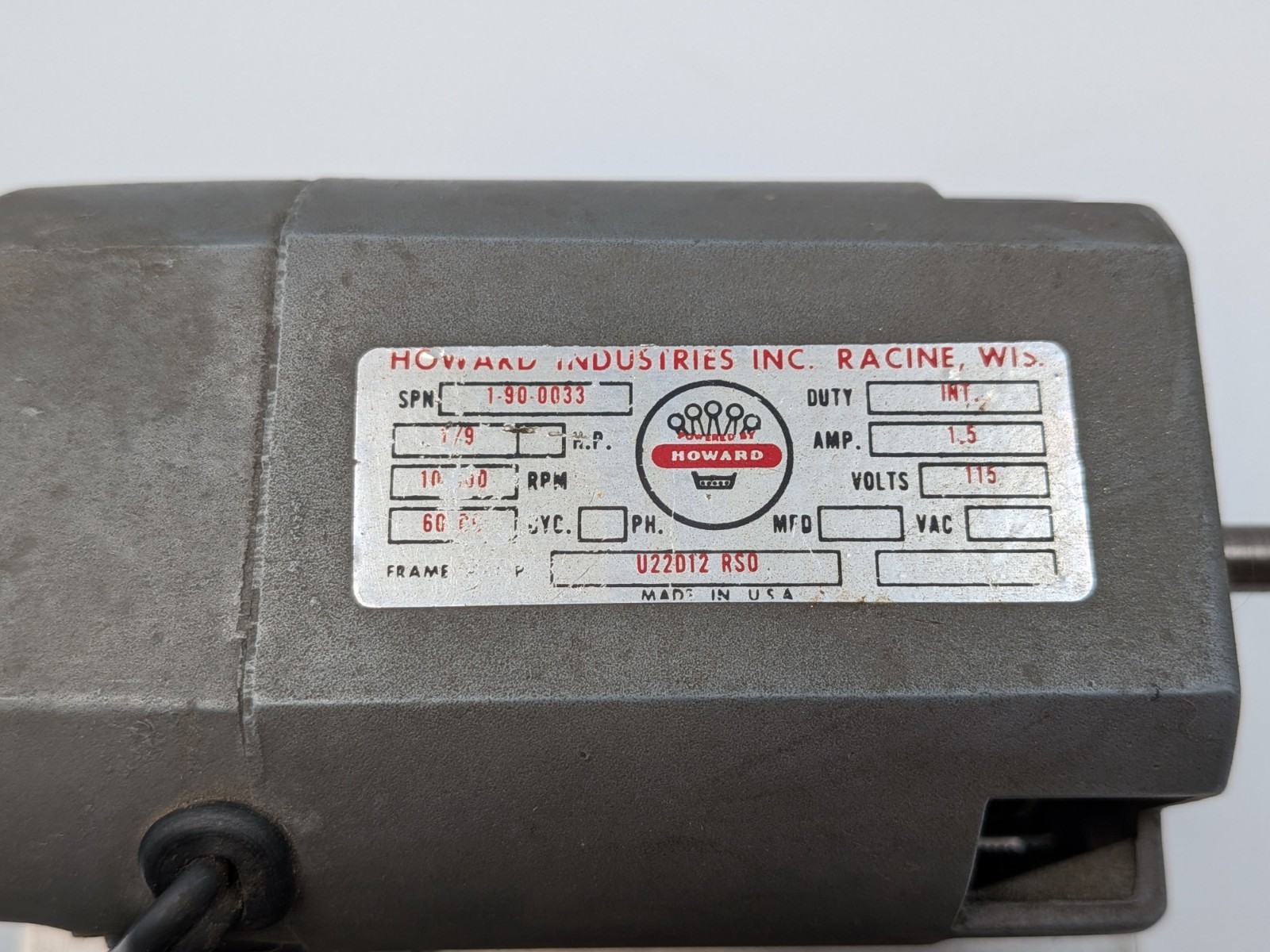 Antique Howard Industries High RPM Electric Motor 1/9 HP 10,000+ RPM 115VAC 1.5A