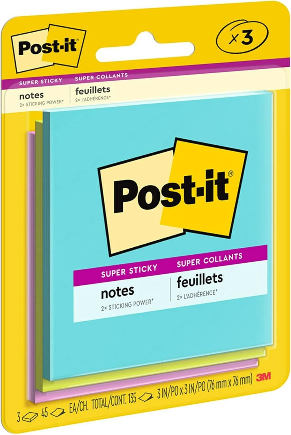 Post-it Super Sticky Notes, 3 Sticky Note Pads, 3 x 3 in., School Supplies, Offi