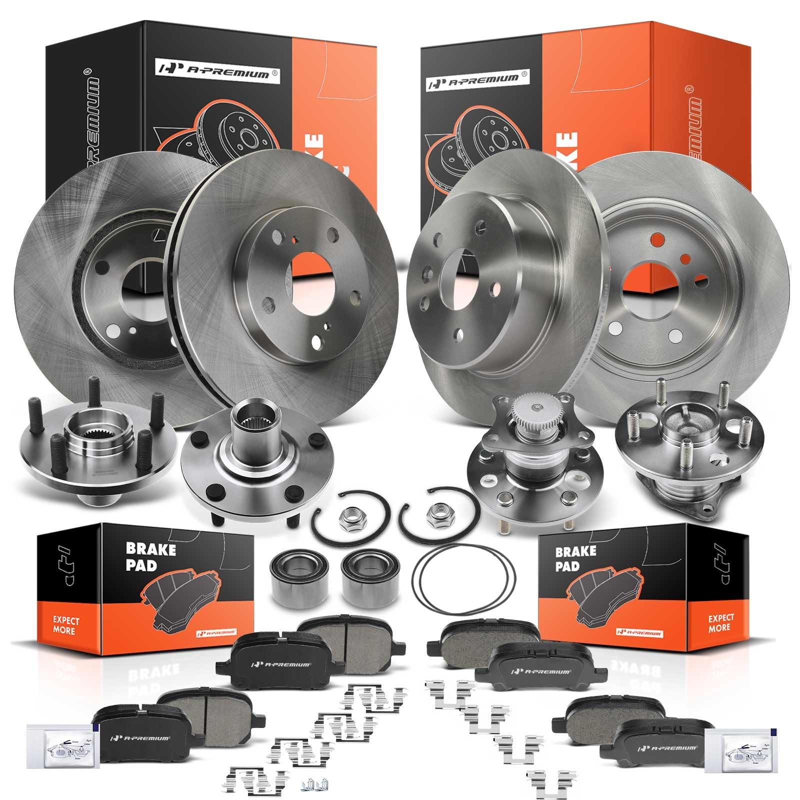 Front and Rear Brake Rotors & Pads & Wheel Bearing and Hub Kit