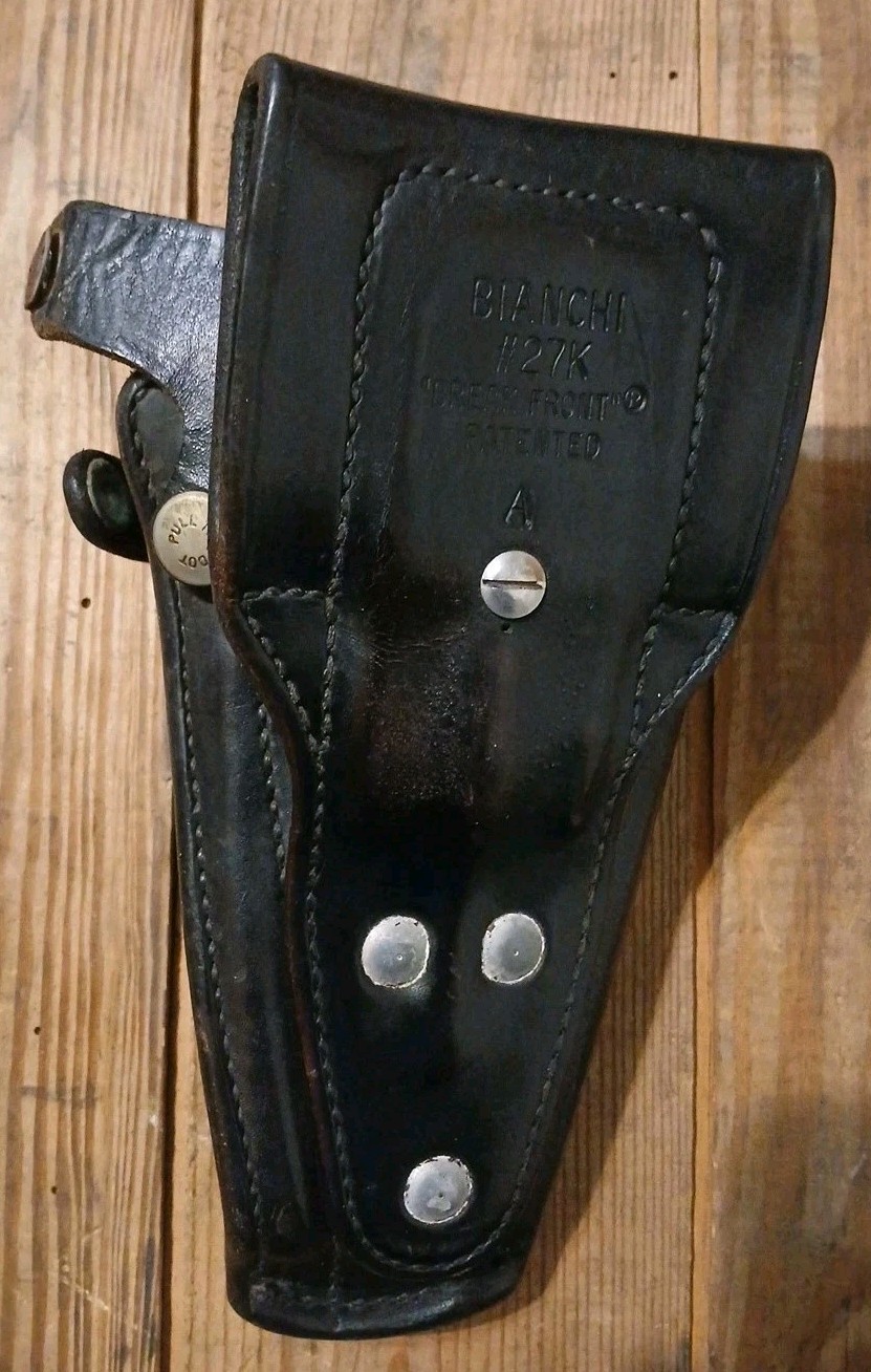 Vintage 1970s Bianchi #27K Black Leather Basket Weave Break Front Holster