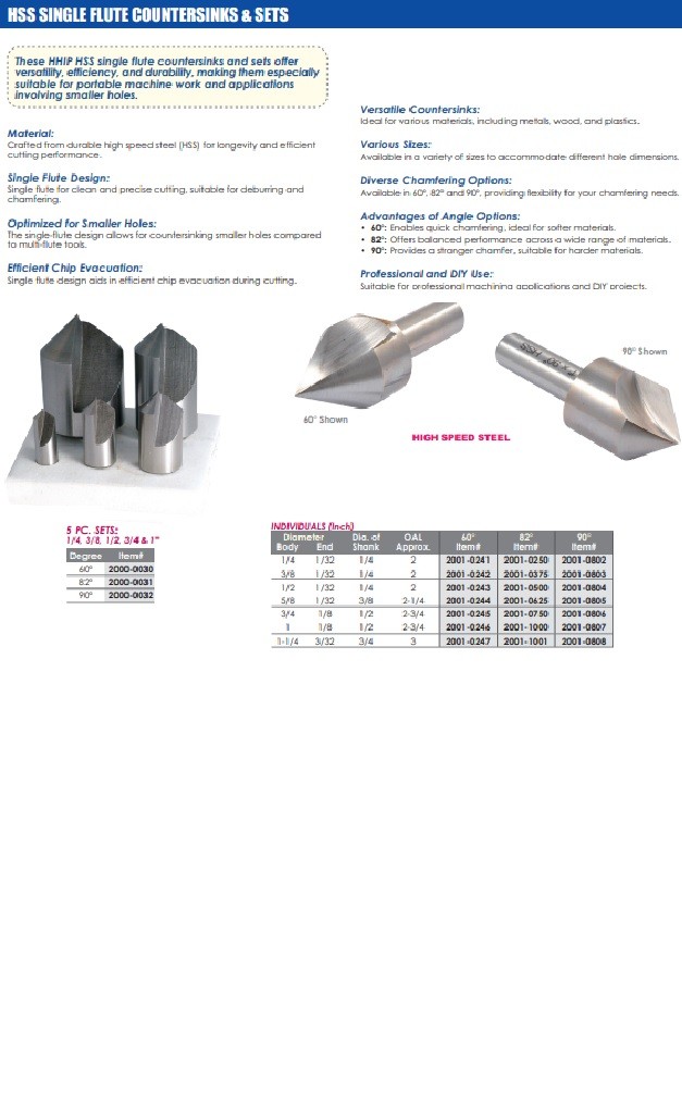 1″ SINGLE FLUTE 90 DEGREE HIGH SPEED STEEL COUNTERSINK (2001-0807)
