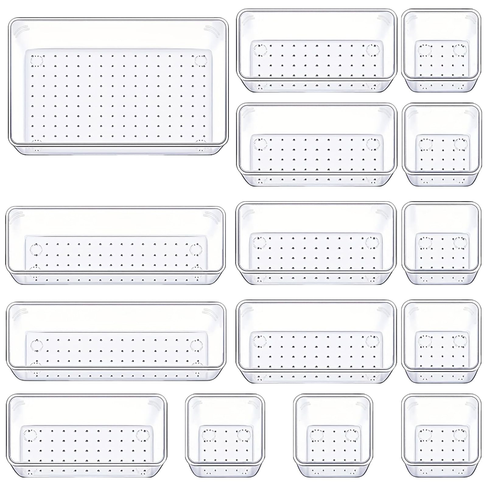 15 Piece Clear Drawer Organizer Set 4 Size Plastic Storage Bins for Desk Kitchen