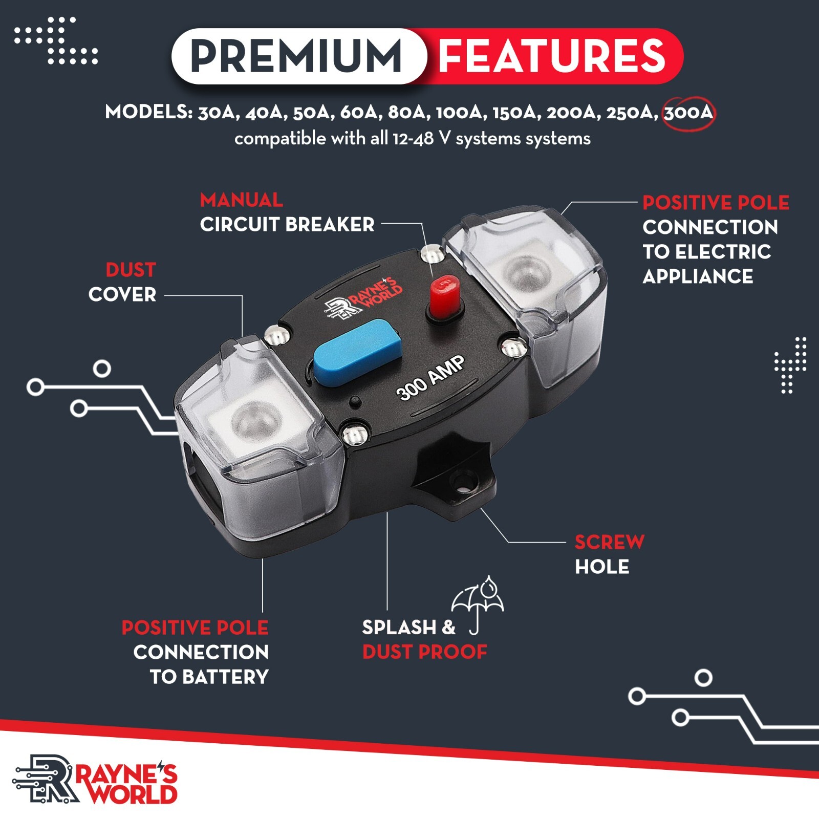 2 PACK 300 Amp 12-48V DC Inline Circuit Breaker with Cover Car/Audio/Boat/Solar