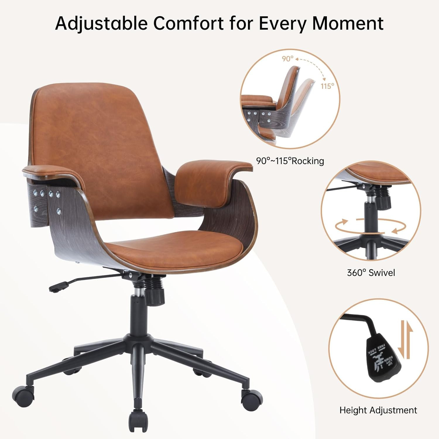 Ergonomic Mid Century Modern Swivel Office Chair with Walnut Finish – Brown