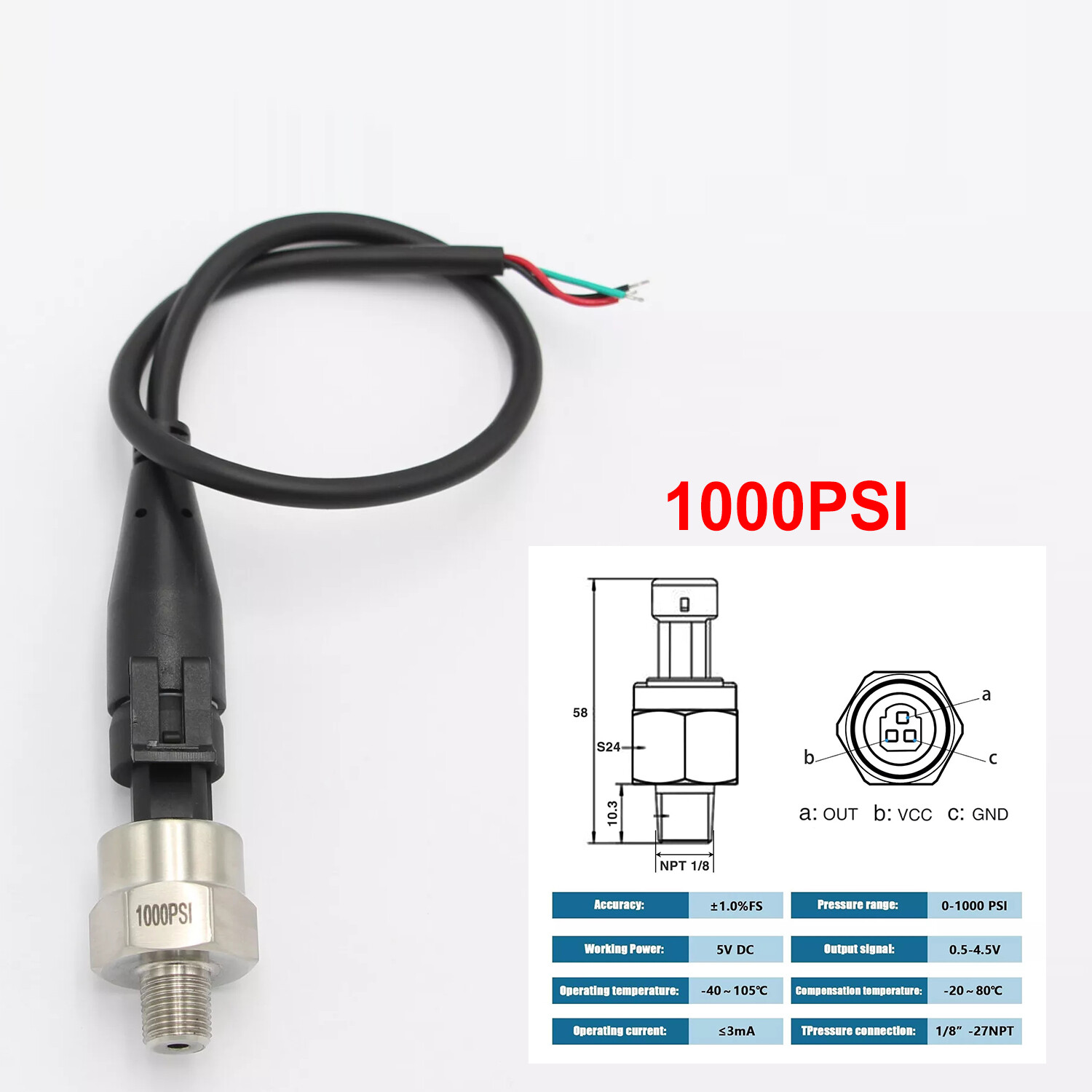 5V Pressure Transducer or Sender 30psi-1600Psi for Fuel Diesel Oil Air Water