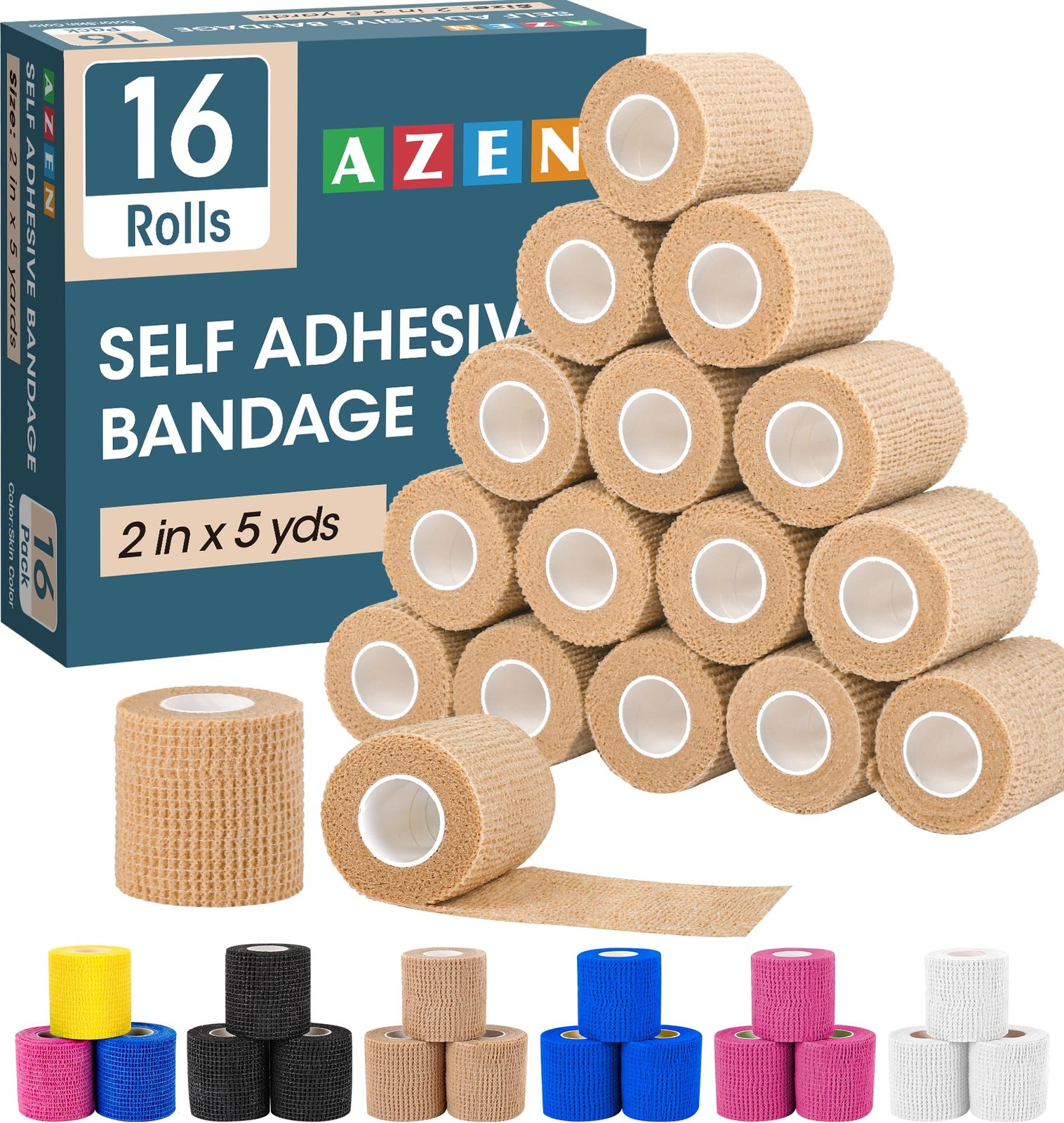 AZEN 16 Pack Self Adhesive Bandage Wrap, 2″ X 5 Yards Elastic 2 Inch, Beige