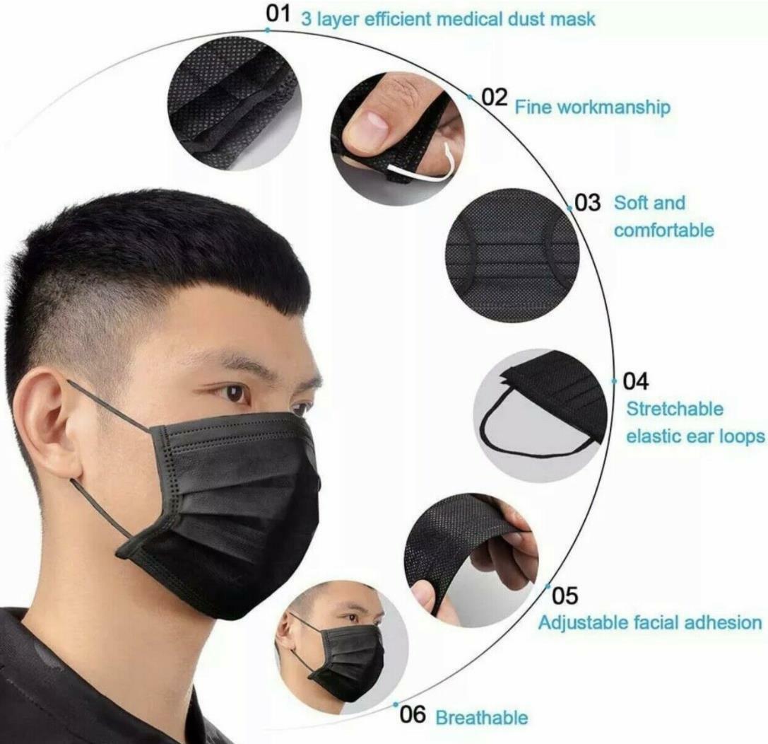 50-PCS Black Face Mask Mouth & Nose Protector Respirator Disposable Masks Black
