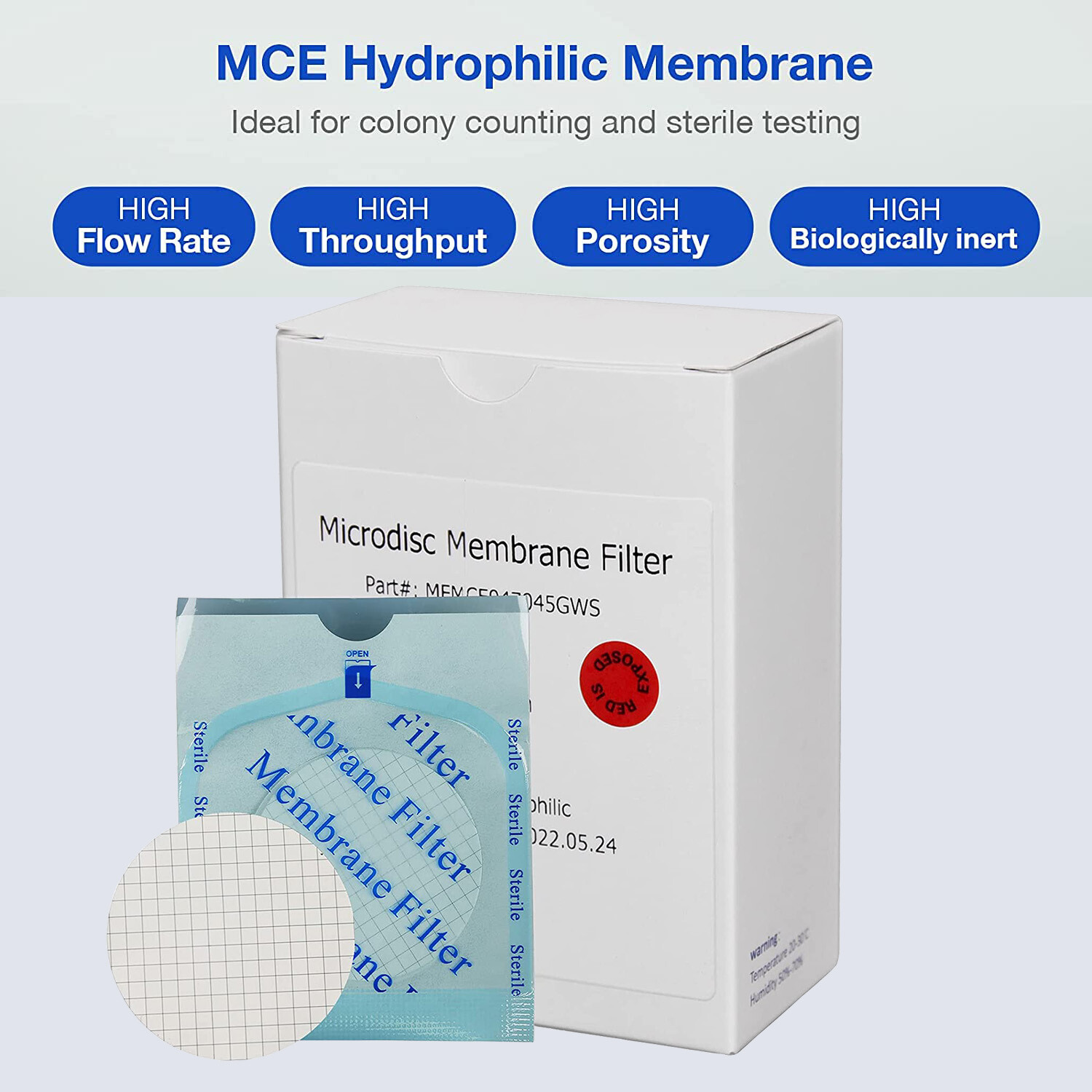 MCE Gridded Membrane Filters, 47mm Diameter, 0.22 um 0.45 μm Pore Size, STERILE