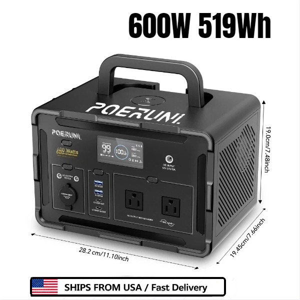 POERUNI 600W 519Wh Portable Power Station Solar Charger Generator for Back Up