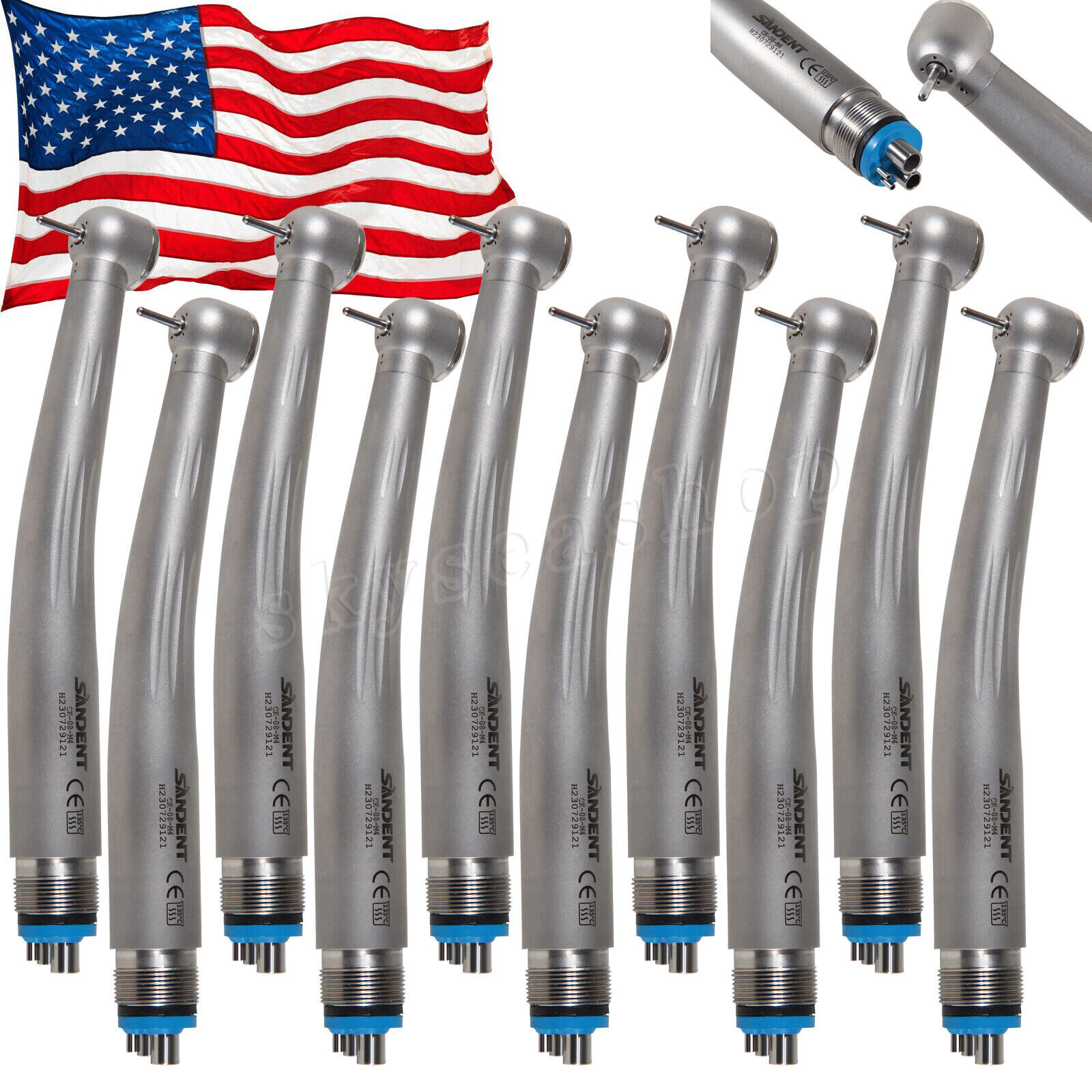 10 Dental High Speed Handpiece Ceramic Bearing Push 4 Holes Single Way Spray
