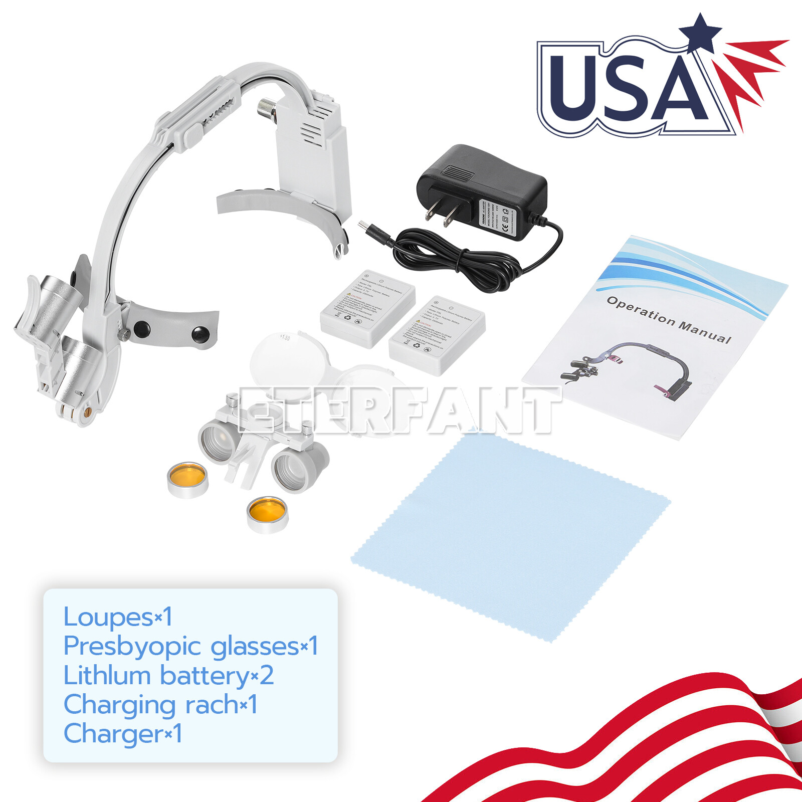ETERFANT Dental Headband 3.5X Binocular Loupes+5W Dual LED Head Light 2 Leds