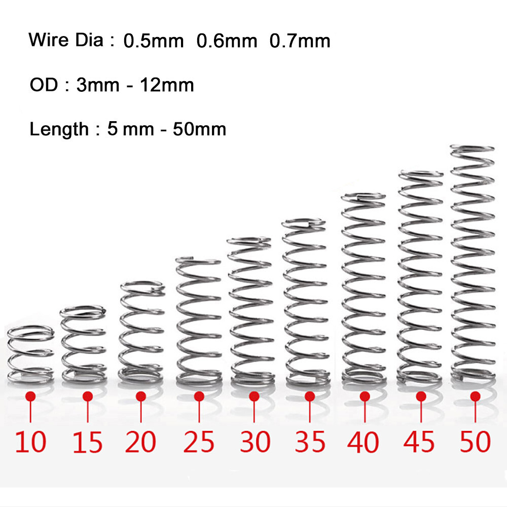 10 Pcs Compression Springs Wire Dia 0.5/0.6/0.7mm OD 3mm-12mm A2 Stainless Steel