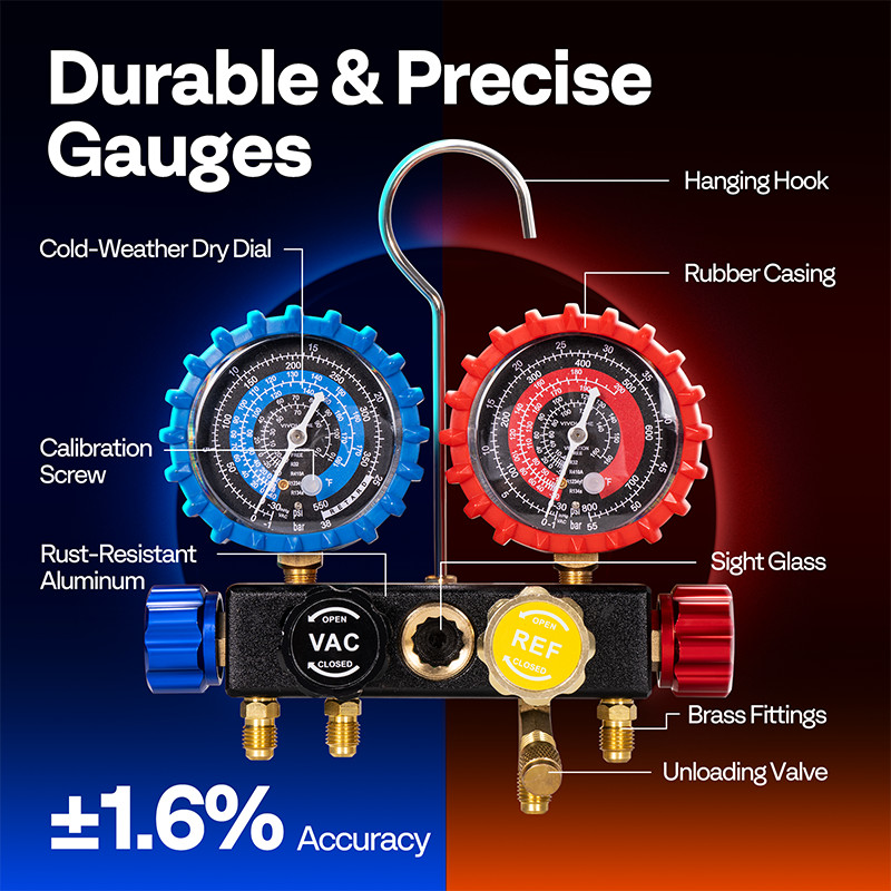 HVAC 4 Way Manifold Gauge Set with R134a R1234yf Quick Couplers and Can Taps