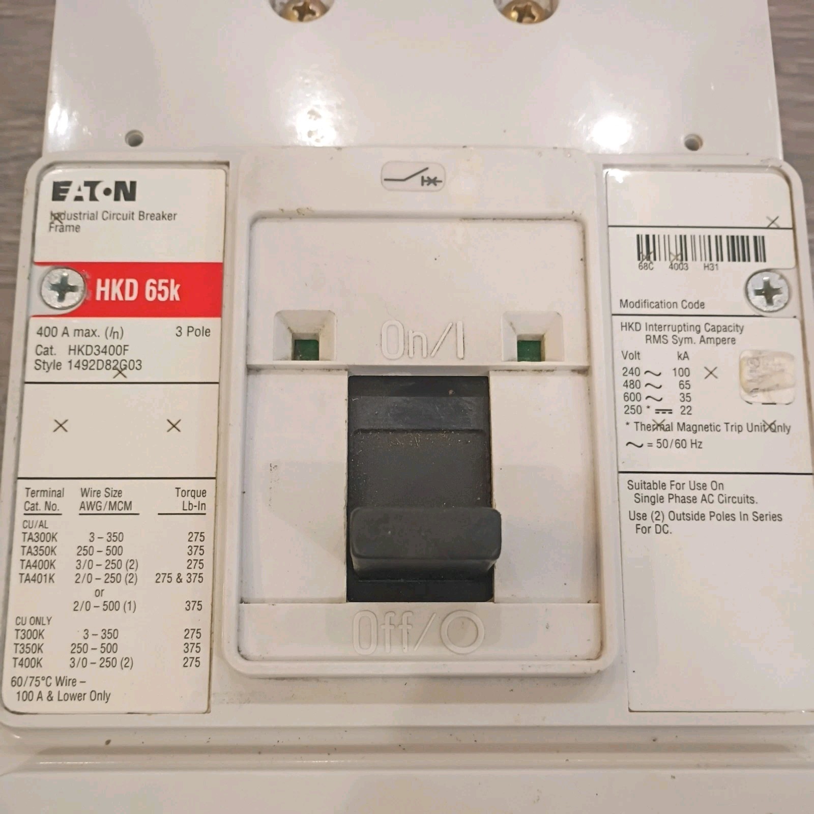 Eaton HKD3400F 65K 600V 400A Circuit Breaker with KT3225T Overloads.