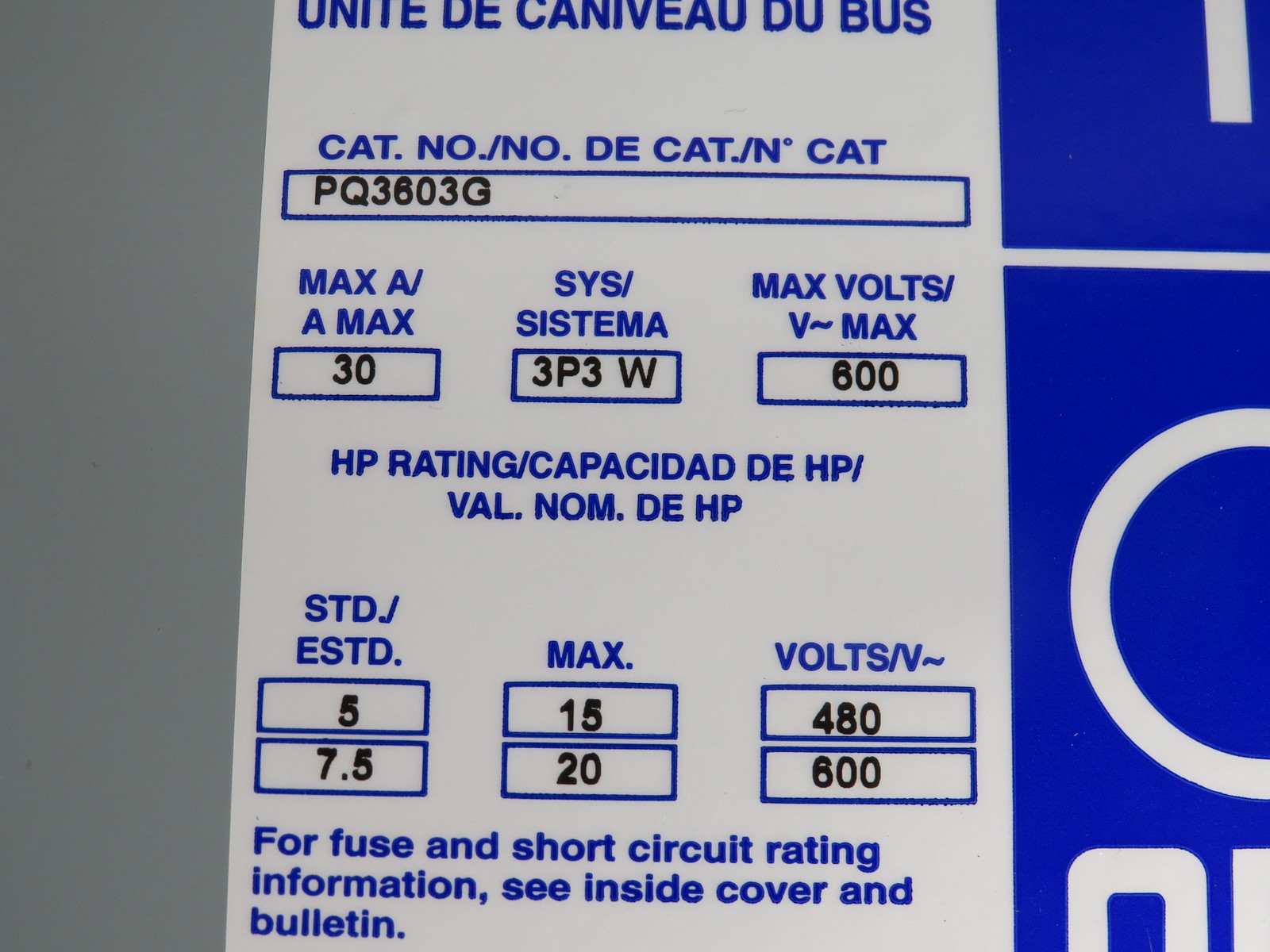 Square D PQ3603G Busway Switch 30A 600V 3-Pole 5/15HP@480V 7.5/20HP@600V NOP