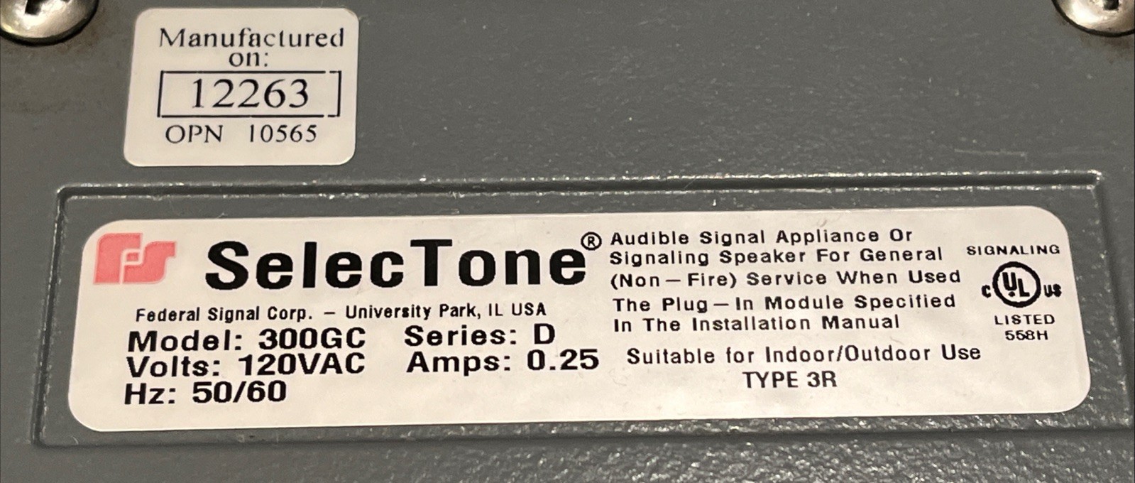 Federal Signal SelecTone 300GC Series D 120VAC Speaker Horn No Tone Module Lot A