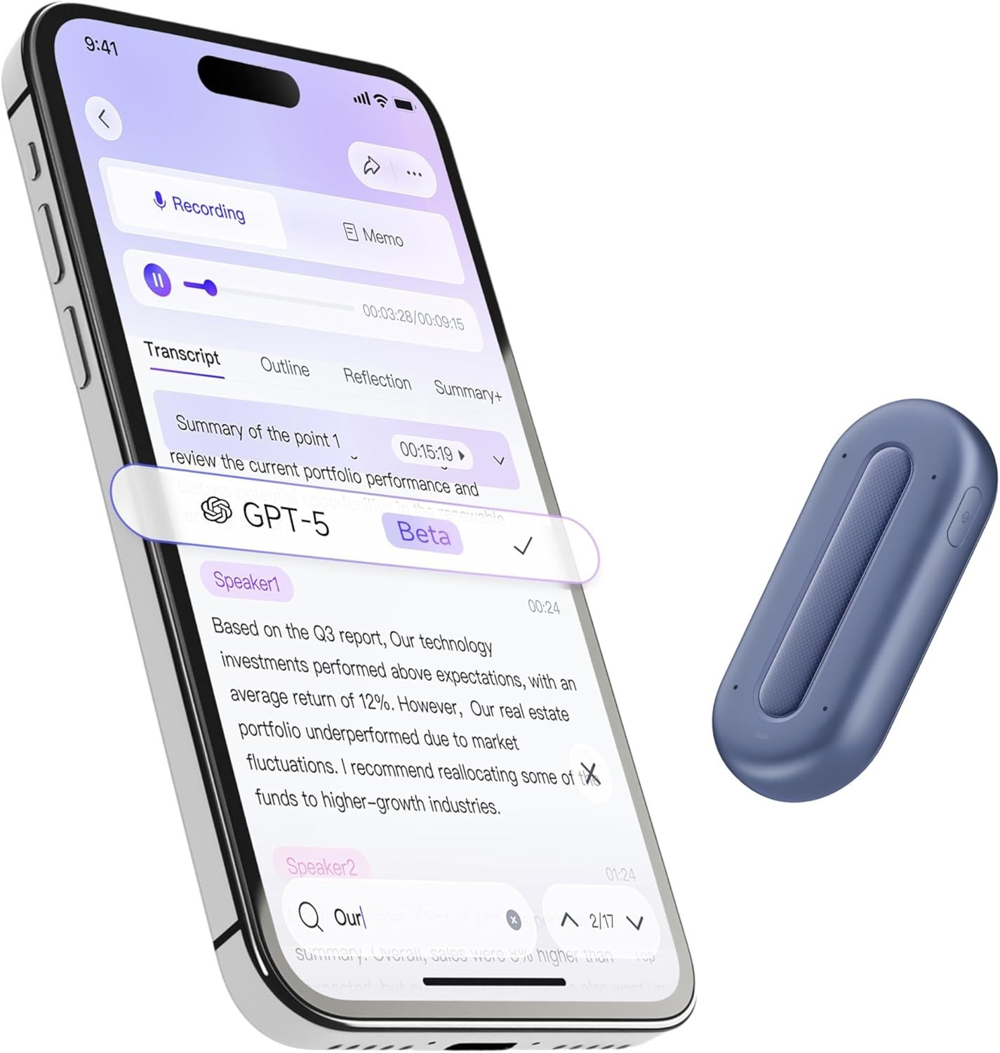 Anypin Wearable AI Voice Recorder 64GB Transcribe 120+ Languages Cosmic Blue