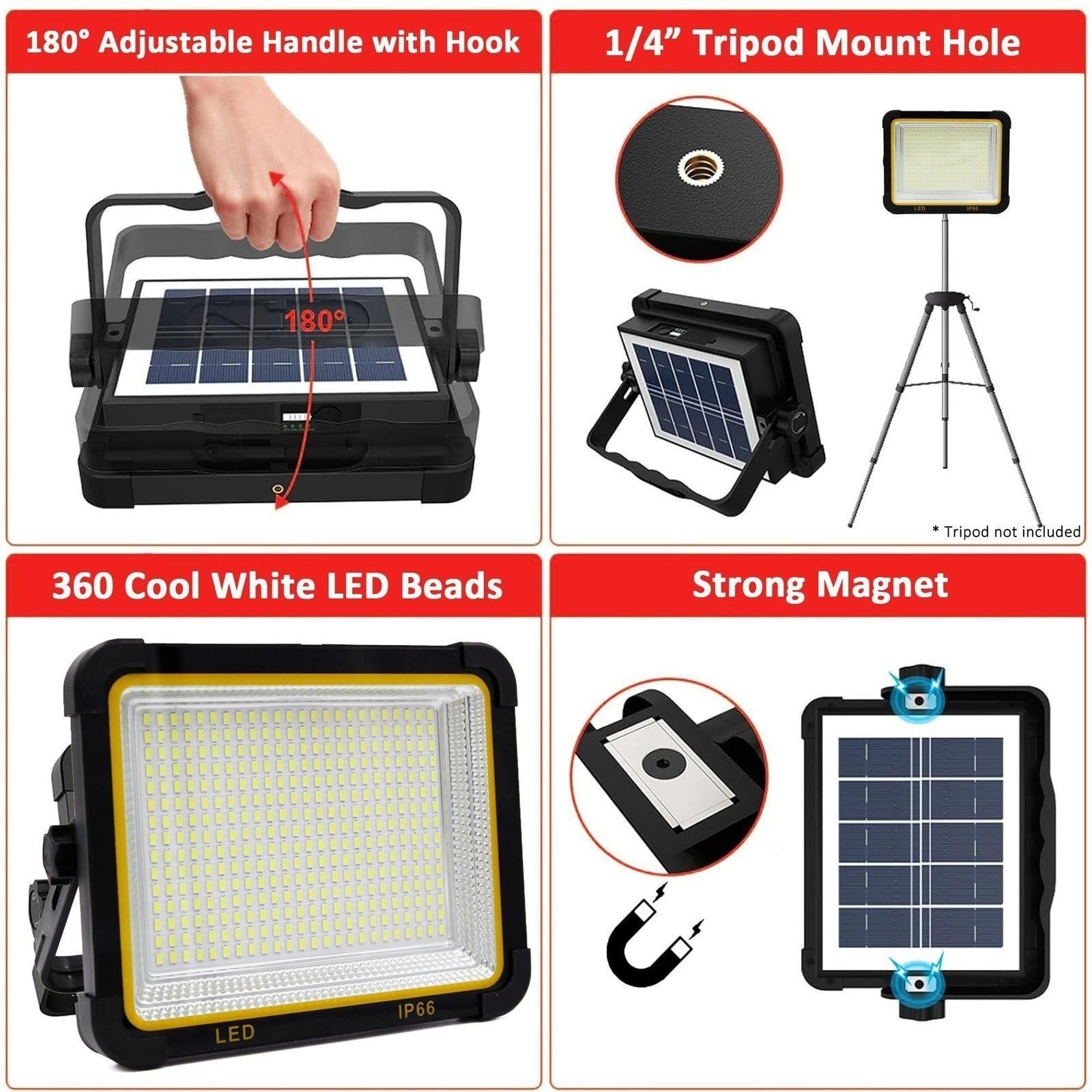 Portable Outdoor Rechargeable Solar Panel LED Work Light Waterproof Floodlight