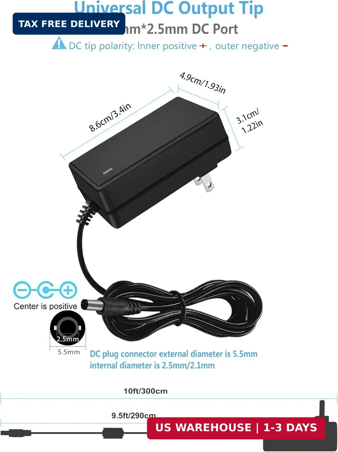 12V 1.5Amp DC Power Supply AC/DC Adapter 100-240 50/60Hz to 12 Volts Power Suppl