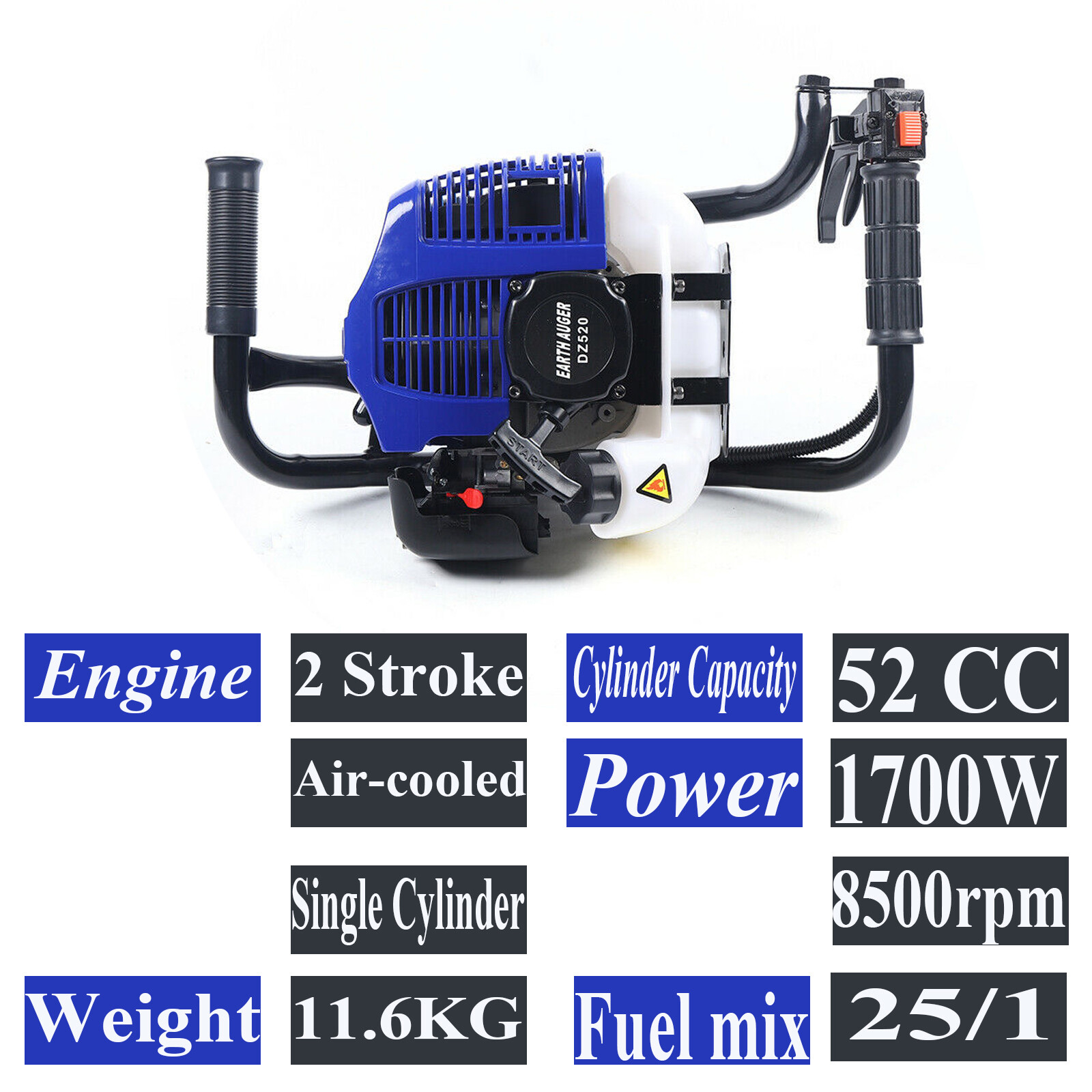 52CC 1700W Gas Powered Earth Auger Post Hole Digger Borer Fence Ground & 2 Bits