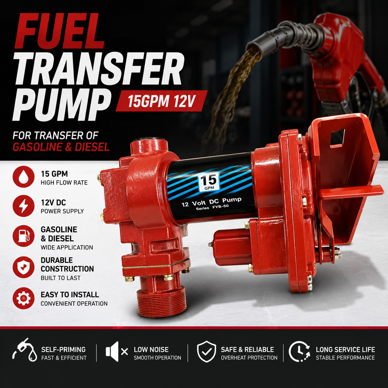 Fuel Transfer Pump 15GPM 12V for Gasoline Diesel Electric Self Priming Pump 1/4″