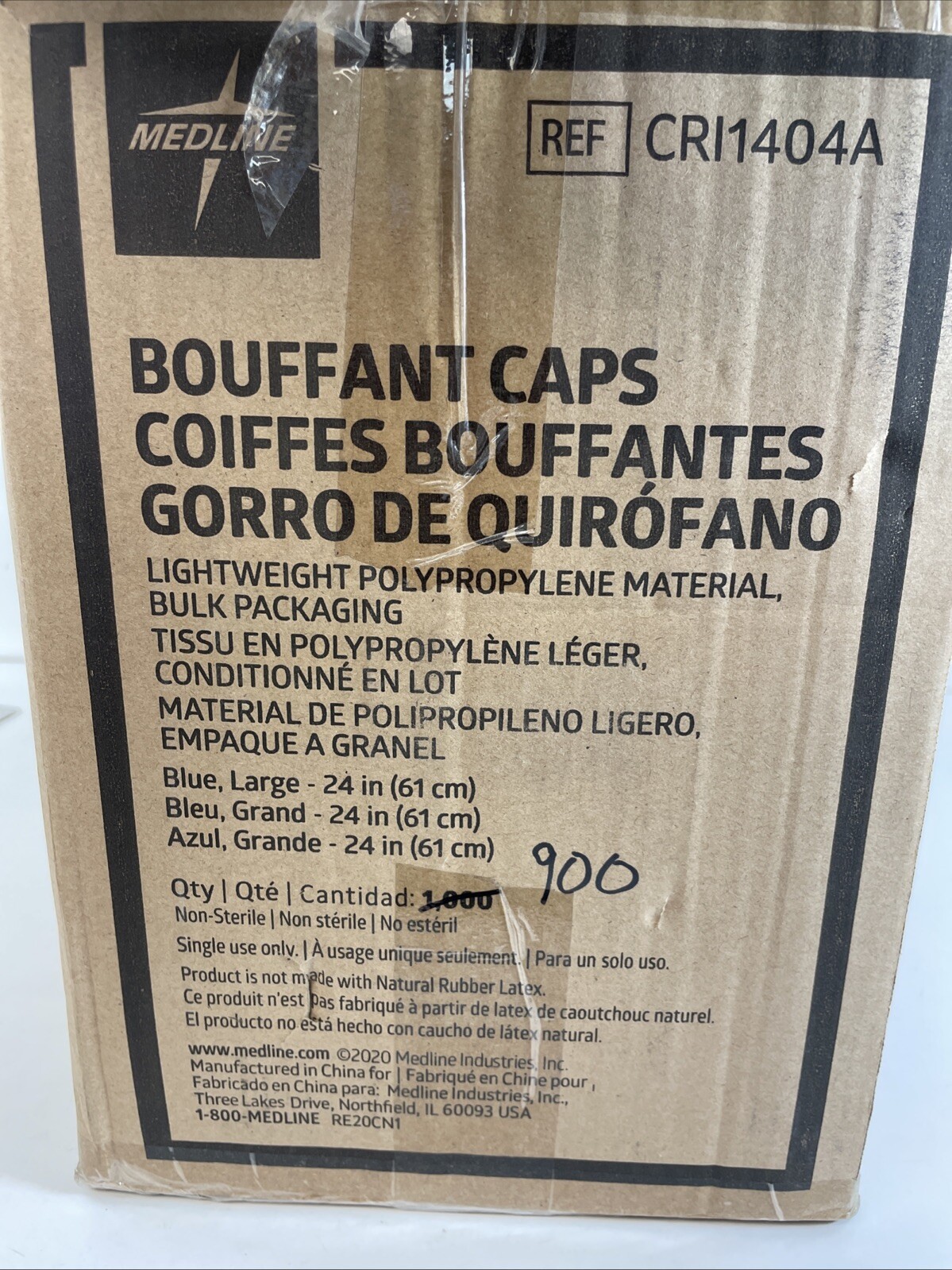 900 Case – Medline 24″ Blue Bouffant Cap Non Woven Disposable Hairnet, Large