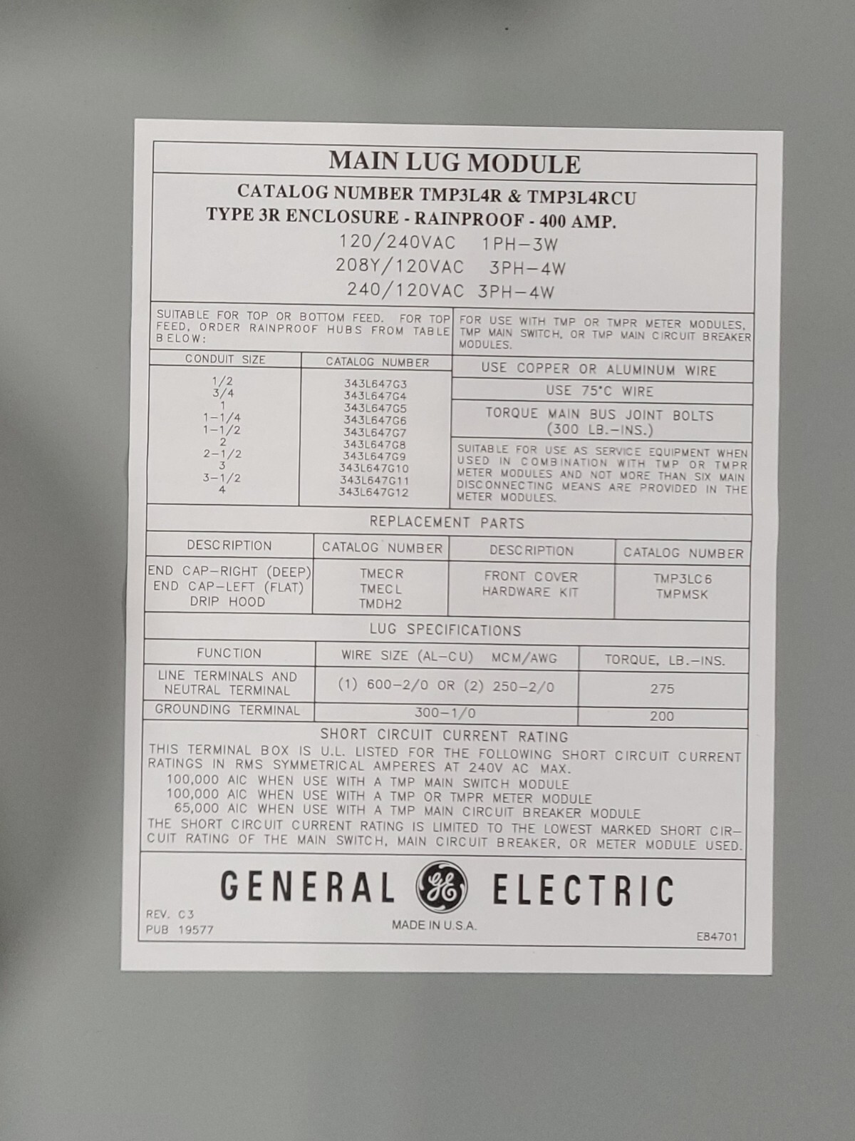 GE General Electric TMP3L4R Meter MOD III Module Metering Main Module 400 Amp 3R